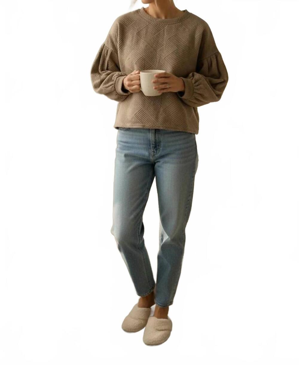 NEW SHE + SKY women's bubble long sleeve textured top in brown